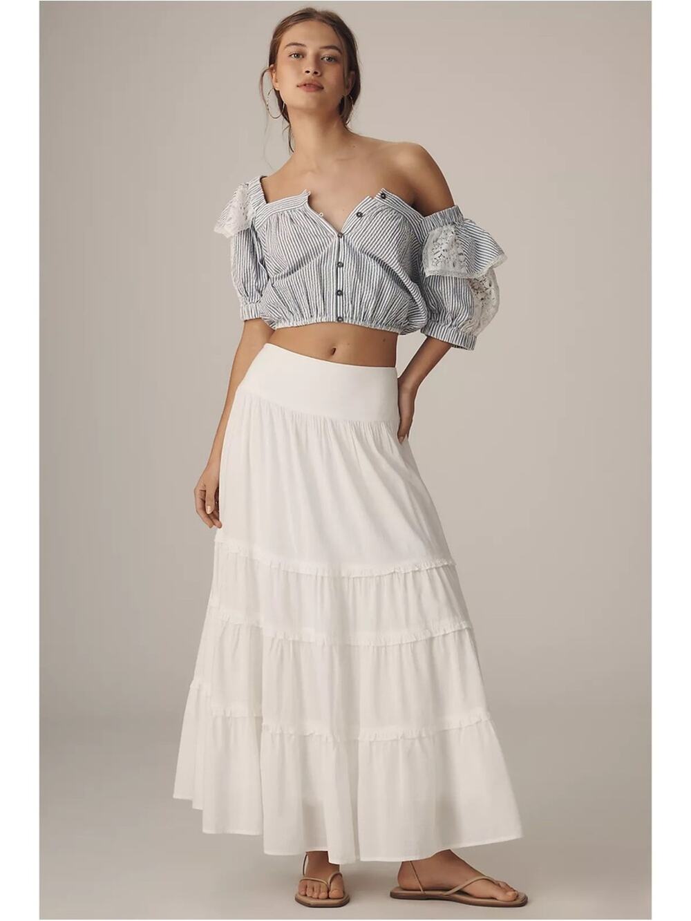 Anthropologie Maeve Ruffled Puff Sleeve Lace Button Front Crop Blouse Shirt Top